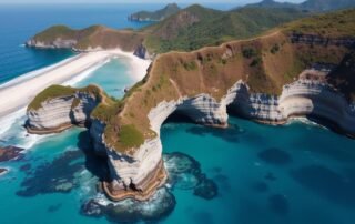 Pemandangan Pantai Batu Bengkung Malang dari ketinggian, menampilkan kolam alami dan formasi batu karang yang melengkung