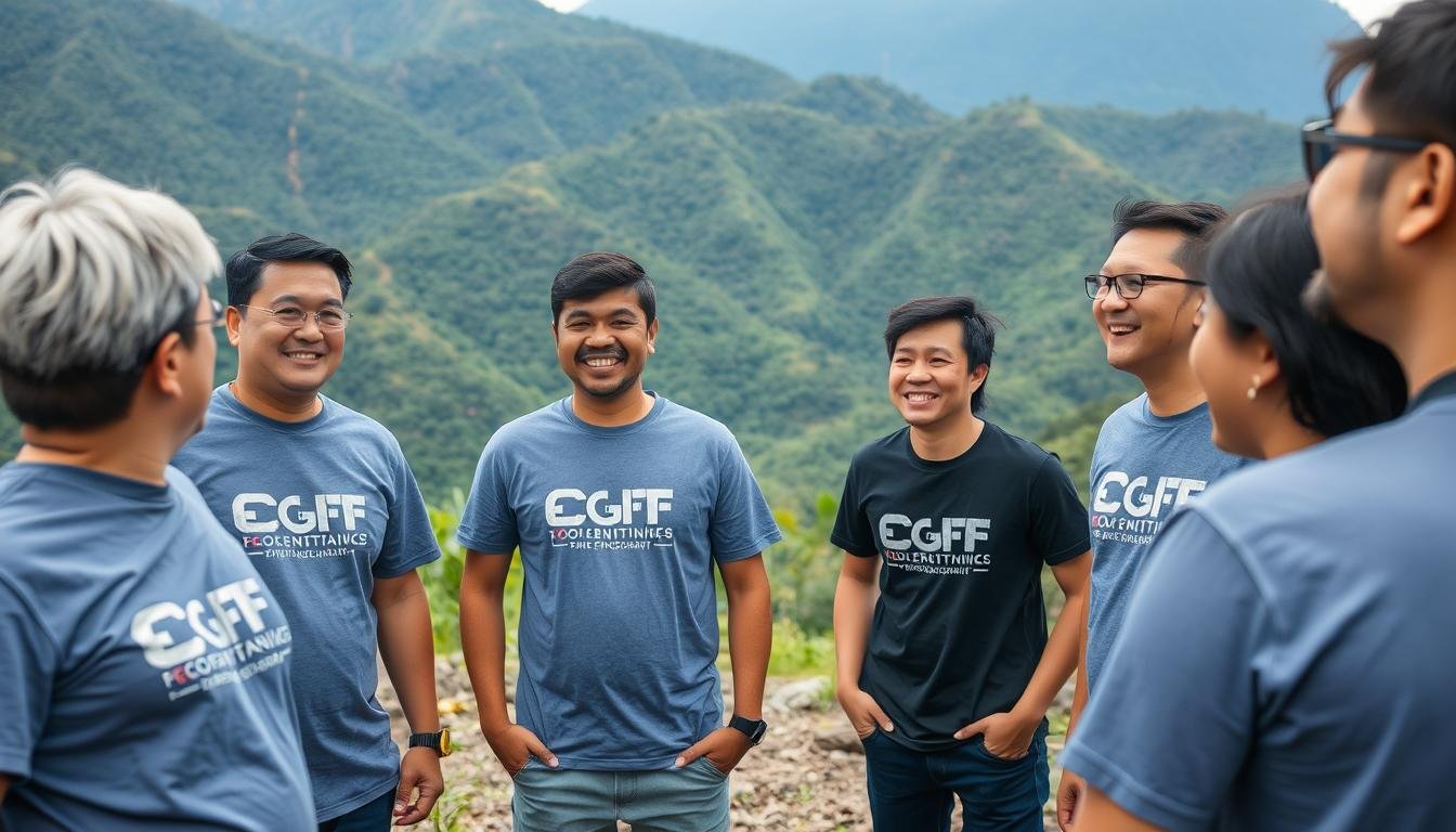 Tim perusahaan sedang melakukan aktivitas team building di area Batu Malang dengan pemandangan gunung di latar belakang