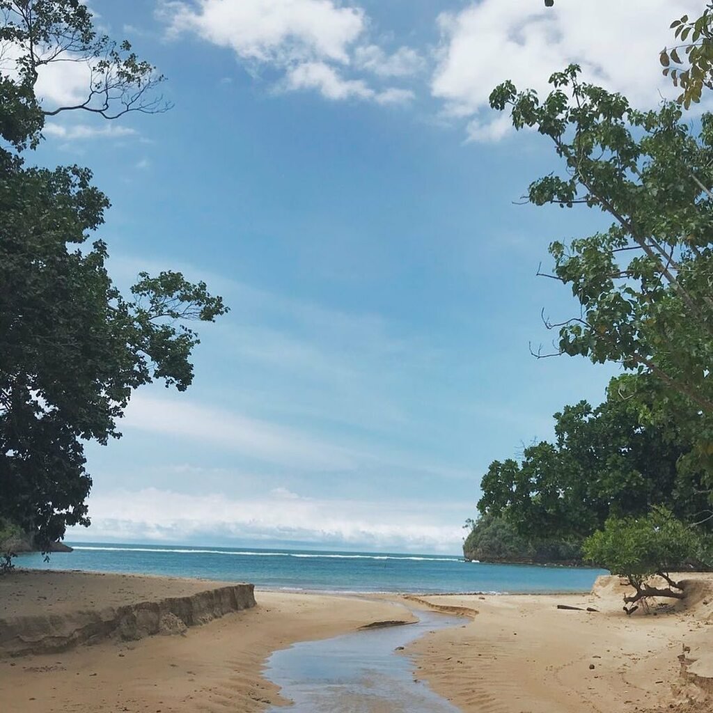 Teluk kecil Pantai Ngentup yang dikelilingi tebing hijau Teluk kecil Pantai Ngentup yang dikelilingi tebing hijau