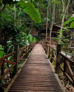 Jembatan kayu di area wisata air terjun